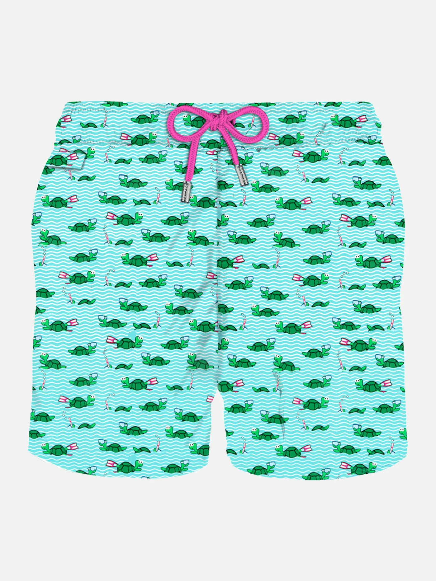 Man Classic Swim Shorts | Swimmer Turtle All-Over Print | Light Blue & White | Quick Drying | Elastic Waistband & Drawstring | MC2 Saint Barth