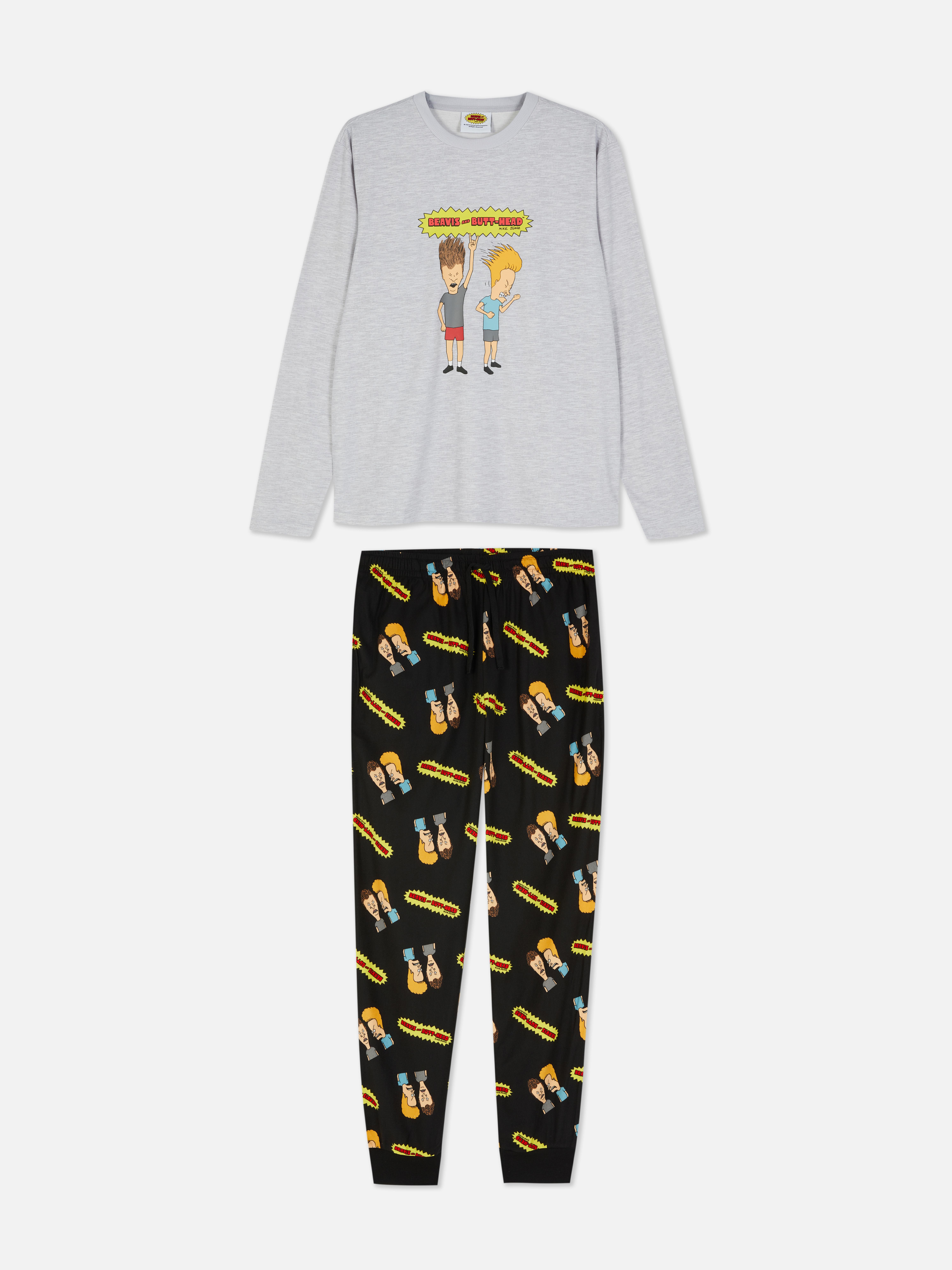 Beavis-und-Butt-Head-Pyjama: Ein langärmeliges Pyjamaoberteil und eine Hose mit Beavis-und-Butt-Head-Motiv
