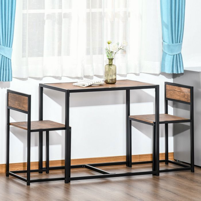 Dining table with 2 chairs. Dining table set. Metal and natural wood dining set for small spaces.