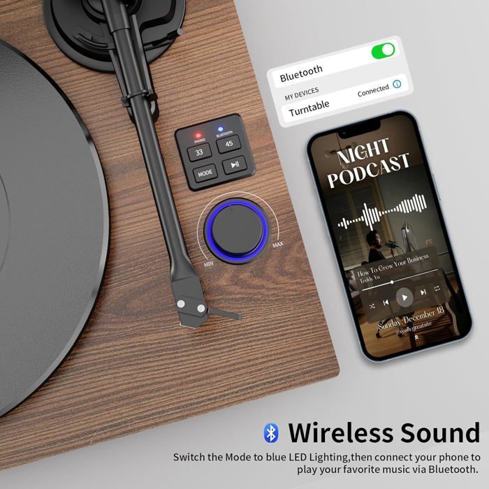 Turntable - CACTOSE - HiFi - Bluetooth - Detachable speakers - Brown wood - 45 RPM