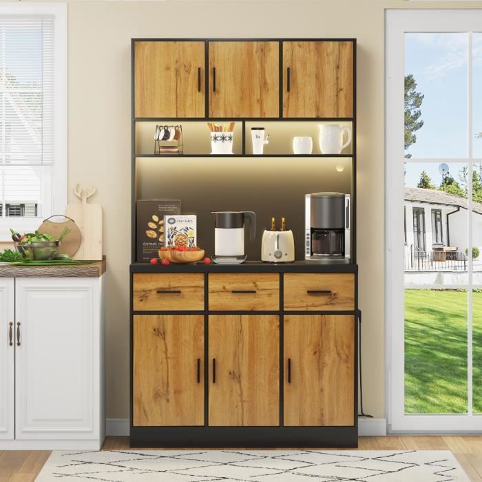 Meuble Buffet haut de cuisine noir avec éclairage LED salle a manger en bois-Style Contemporain-L 100 x P 40 x H 180 cm