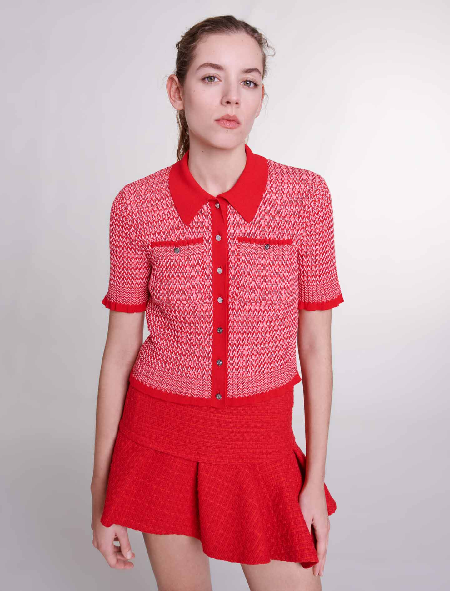 Fustă mini asimetrică din tweed - Roșu