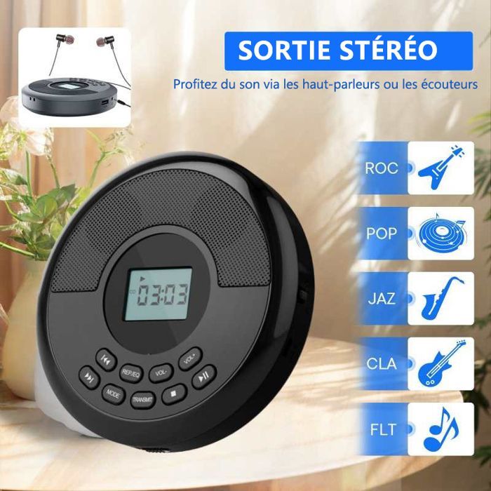 Reproductor de CD portátil Bluetooth negro - Altavoces integrados, USB, batería de 1500 mAh, resistente a golpes, HiFi, compacto - 145 x 145 x 30 mm