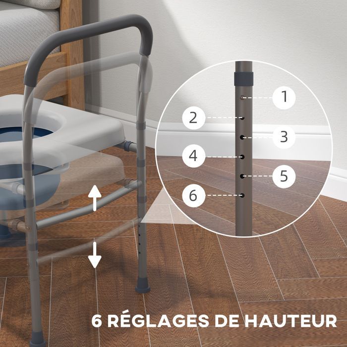 Siège de toilette percé - HOMCOM - 4 en 1 multifonction réglable rembourré avec poignée 136 kg - acier - gris