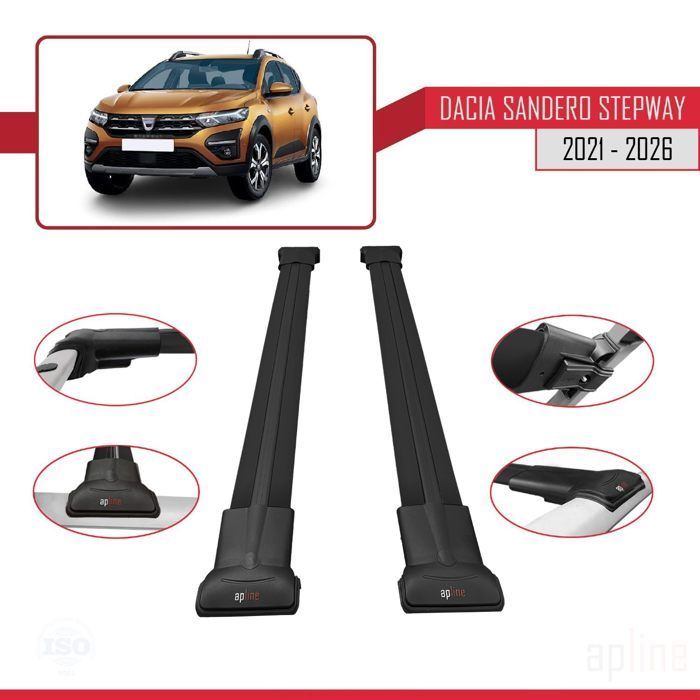 Barras de techo para Dacia Sandero Stepway 3 2021-2026, modelo FLY, portaequipajes de aluminio negro, 2 barras.