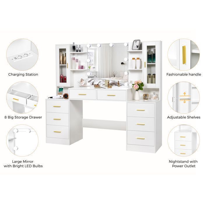 Grande Coiffeuse avec Miroir LED, 2 Prises et Ports USB, 8 Tiroirs de Rangement, Adultes et Enfants, 150×40×135cm