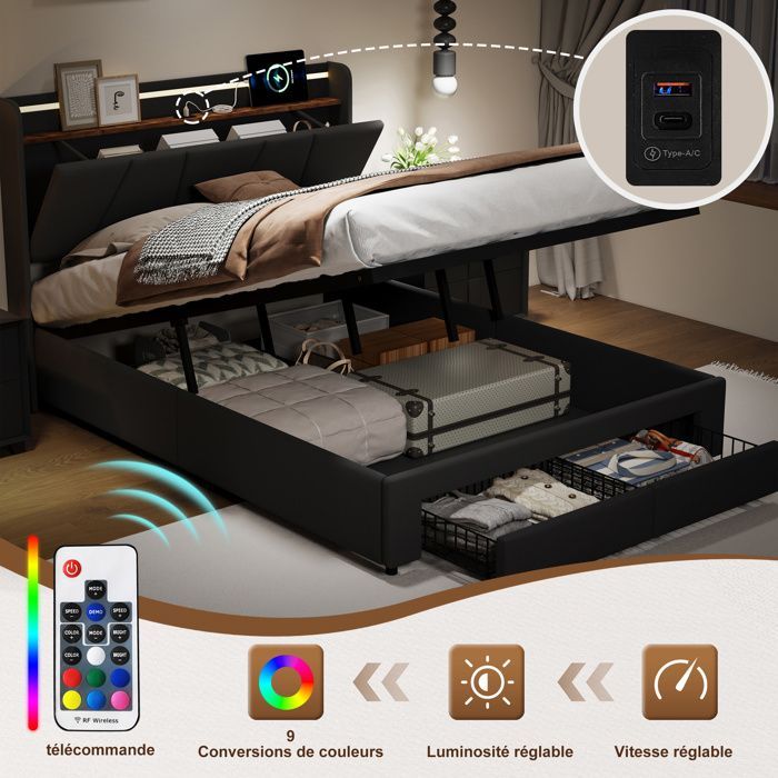 Cama de 140x190 cm - COZY - LED - USB - tela de lino - estructura de cama doble de 140x190 cm - gris antracita