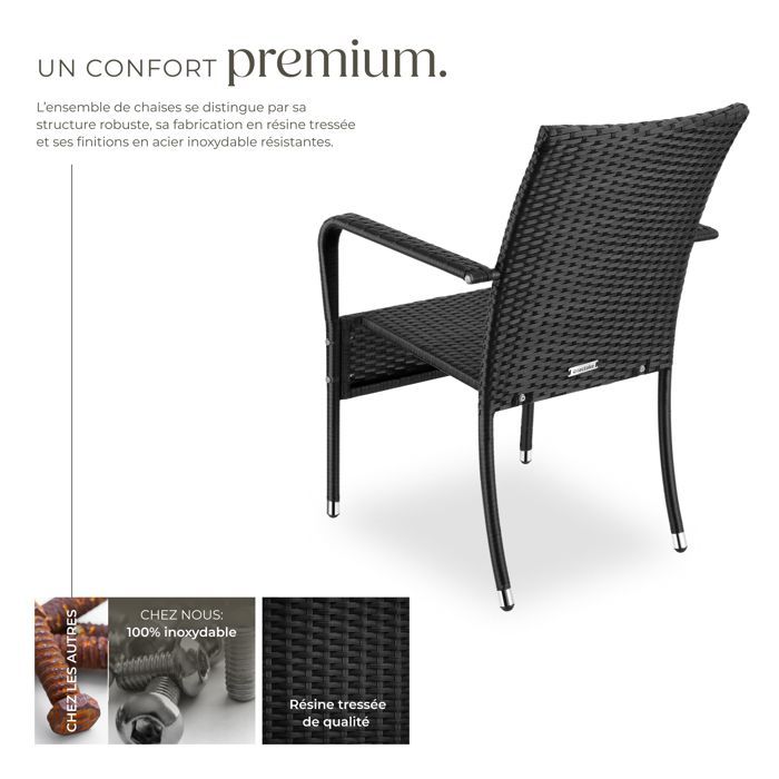 Chaises de jardin - TECTAKE - Lot de 6 fauteuils de repas d'extérieur en rotin résistants aux UVs 58 x 67 x 90 cm - Noir