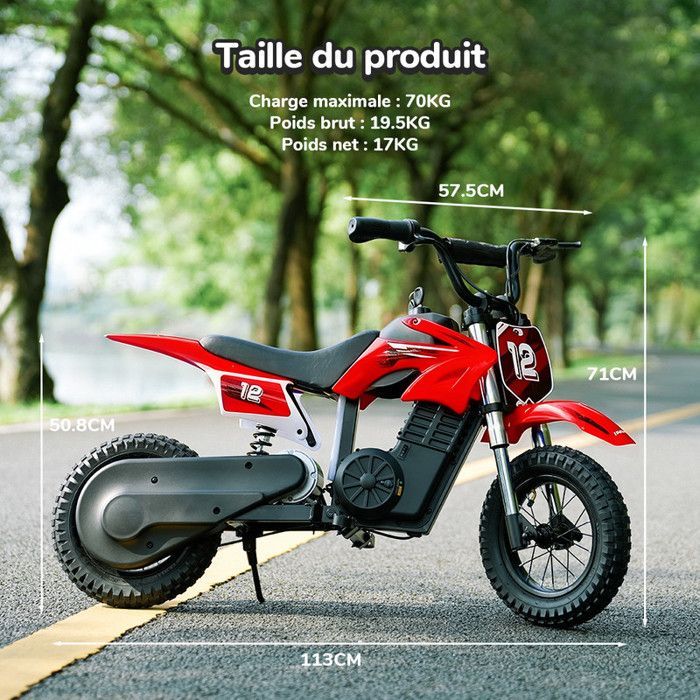 Moto électrique Enfant A12-Rouge-12''-350W-36V5,2 Ah-Charge Maximale 70 kg-Trois Vitesses-Sonnette-Autonomie 22 km-Tout terrain