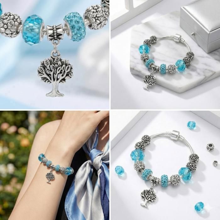 Armband – Damen – Schlangenkette – Lebensbaum – Lagunenblau – Silberne Akzente – 18 cm