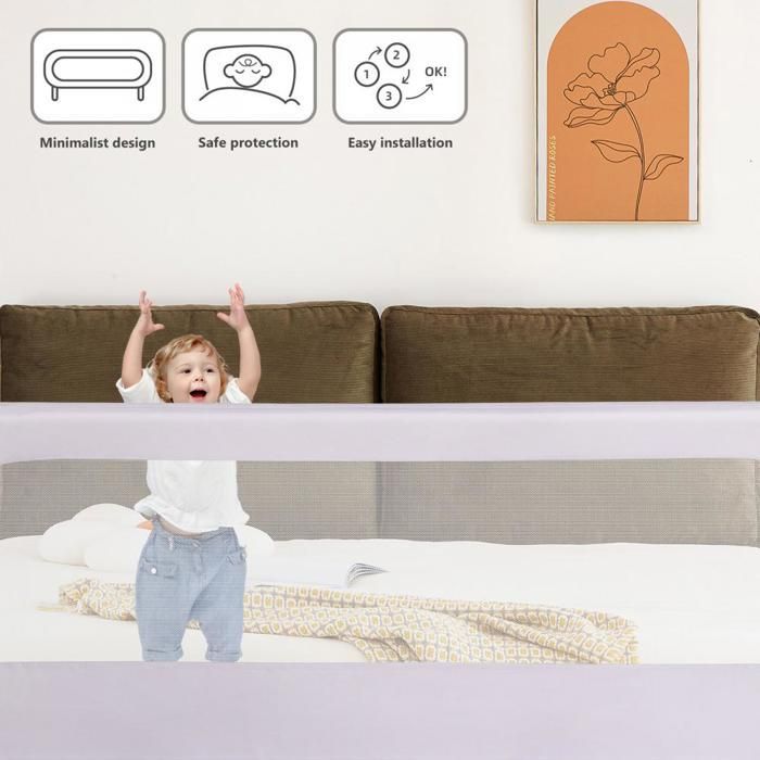 MIPAN. Sponda per lettino da 145 cm - Sponda per lettino per bambini - Sponda portatile per lettino - Regolabile - Grigio