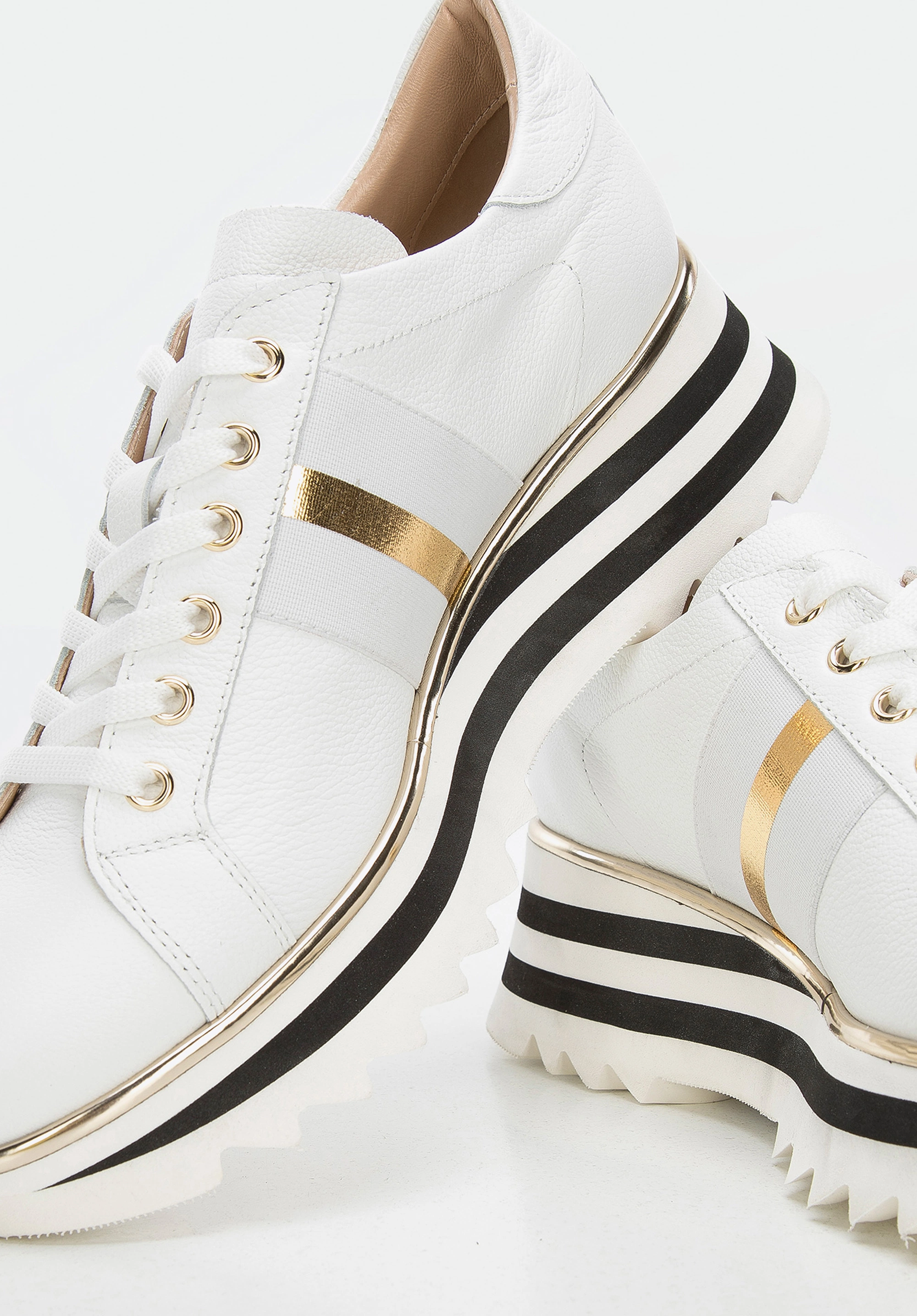Damskie sneakersy skórzane z klamrą na platformie w pasy białe