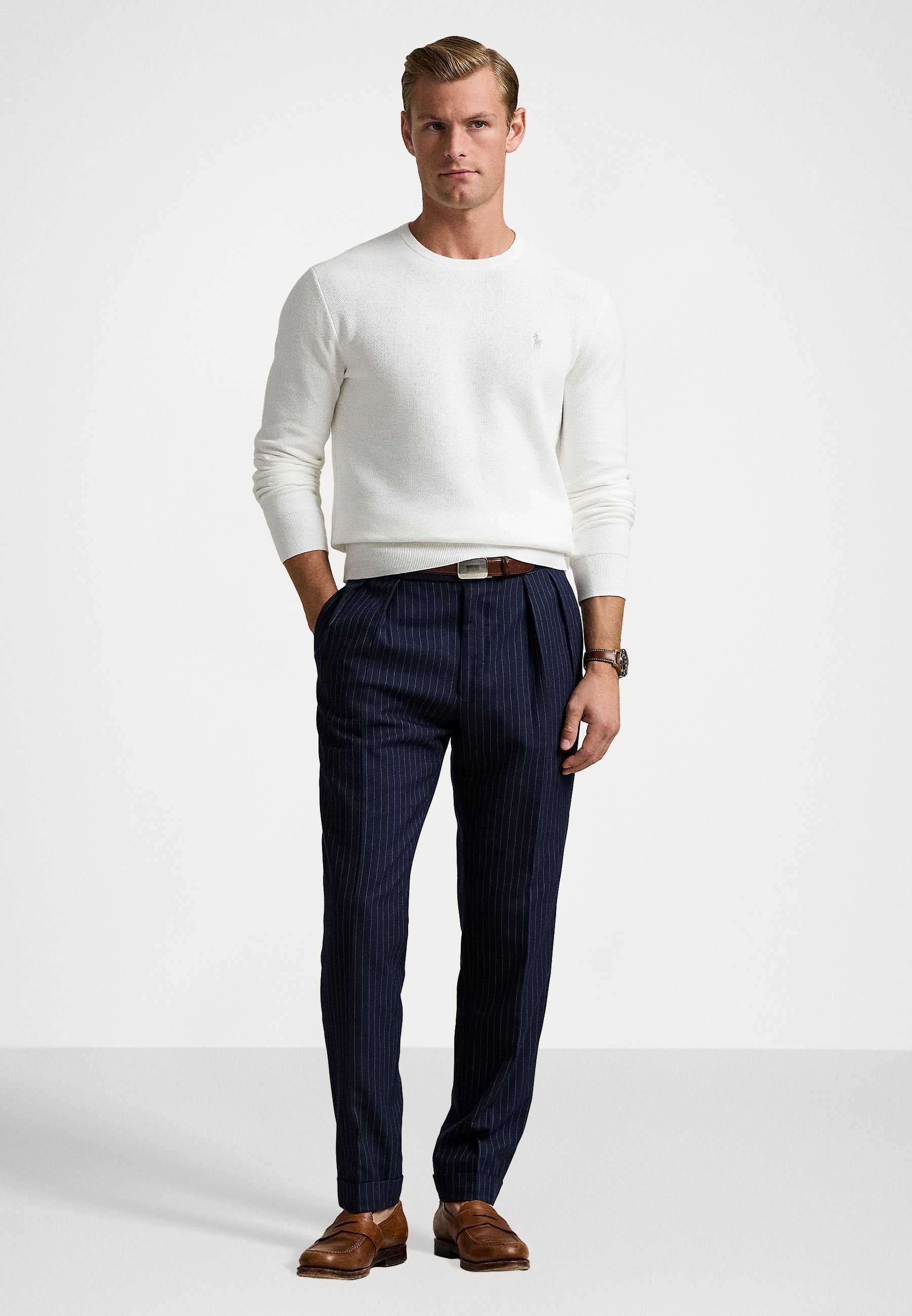 Pull Polo Ralph Lauren en maille de coton à col rond - Blanc délavé