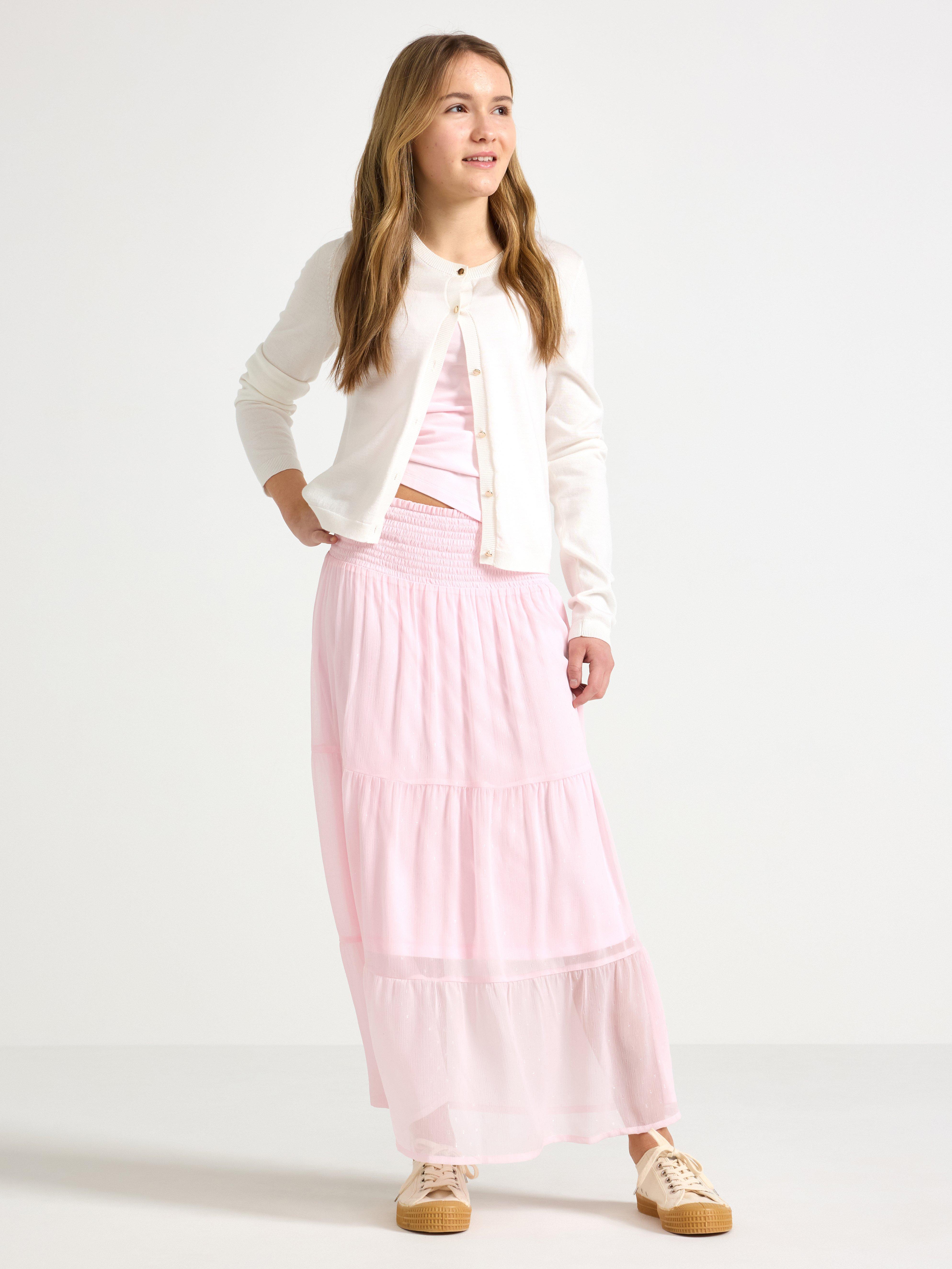 Saia maxi em chiffon rosa claro