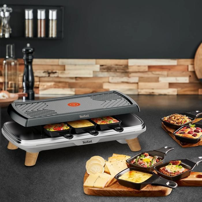 Plancha para raclette TEFAL GOURMET con 8 cazoletas extragrandes, más indulgencia, gris RE610D12