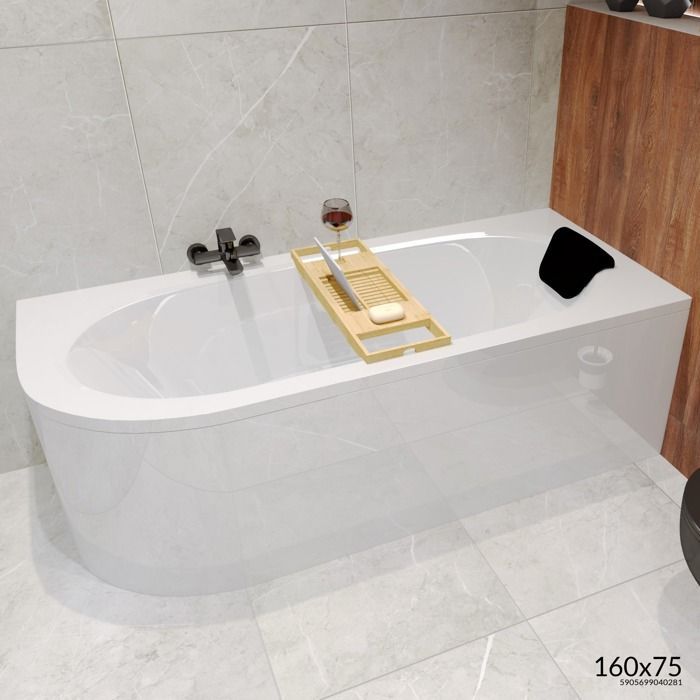 Baignoire Bain d'angle 160x75 Droite + appui-tête, Siphon de bain et pieds 4en1