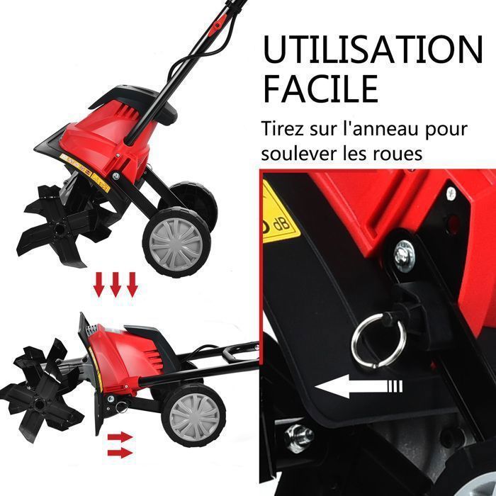 Motobineuse Motoculteur 1200W COSTWAY-Largeur de Travail 35cm-Profondeur 22cm-2 Roues Réglables-Bouclier-4 Fraises-Poignée Pliable
