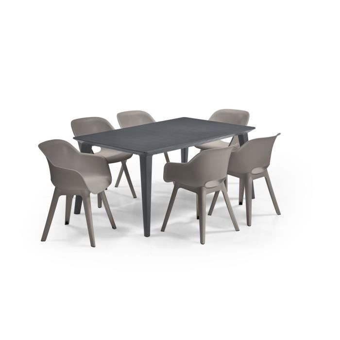 Mesa ALLIBERT GARDEN LIMA 160x100cm - Grafito + 6 sillas AKOLA Cappuccino - Resina
