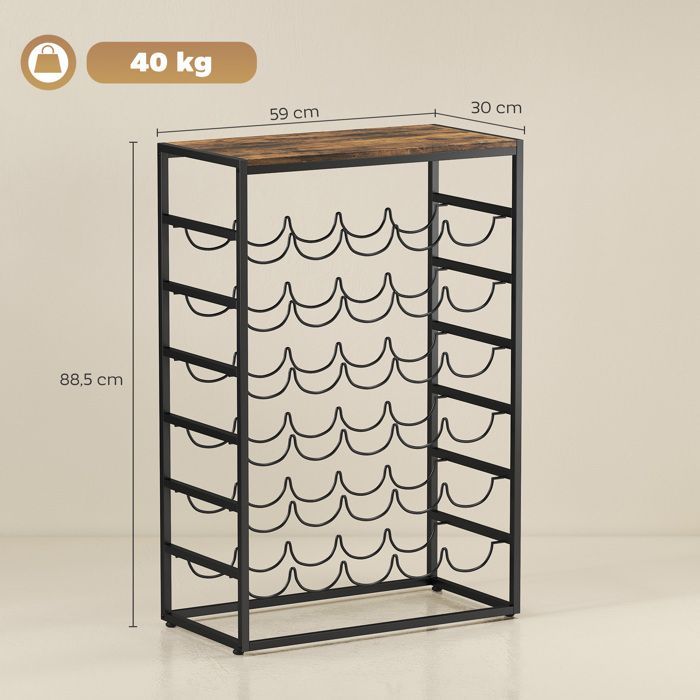 Botellero - HOMCOM - 30 botellas y 6 niveles - estilo industrial - estructura metálica - 59x30x88,5 cm - marrón rústico