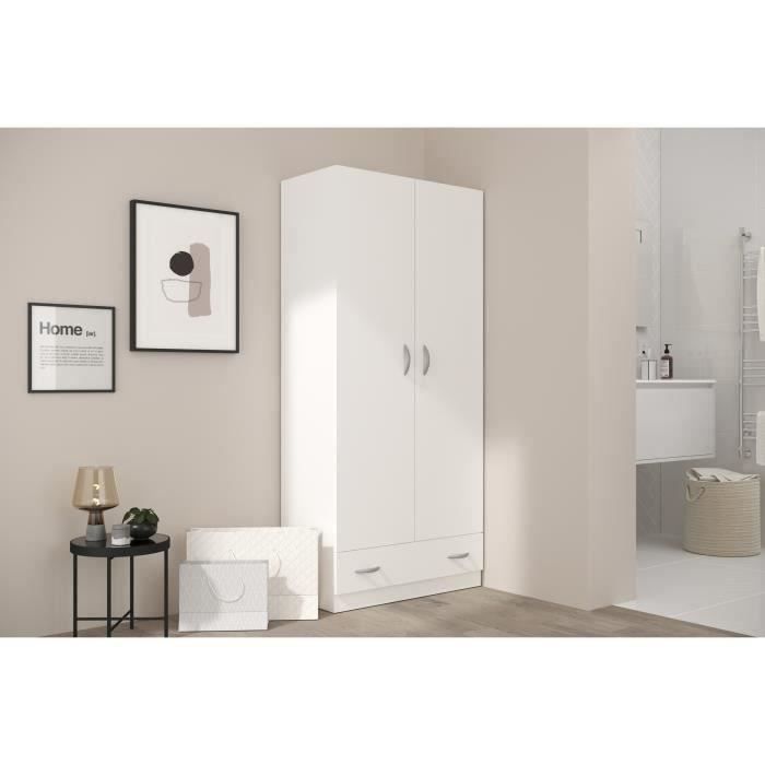 Armario PARISOT con 2 puertas batientes + 1 cajón - Tablero de partículas - Acabado blanco - Ancho 78 cm x Profundidad 38 cm x Alto 170 cm - VARIA