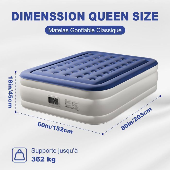 Materassino gonfiabile per 2 persone, con pompa elettrica integrata e superficie morbida floccata, ideale per campeggio, casa e ospiti, dimensioni 203 x 153 x 45 cm.