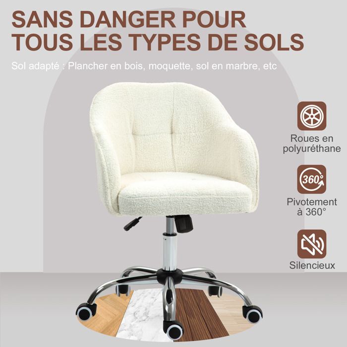 Silla de oficina - HOMCOM - altura regulable, asiento y respaldo acolchados, giro de 360° - Peluche de osito de peluche - 56 x 61 x 86 cm - color crema