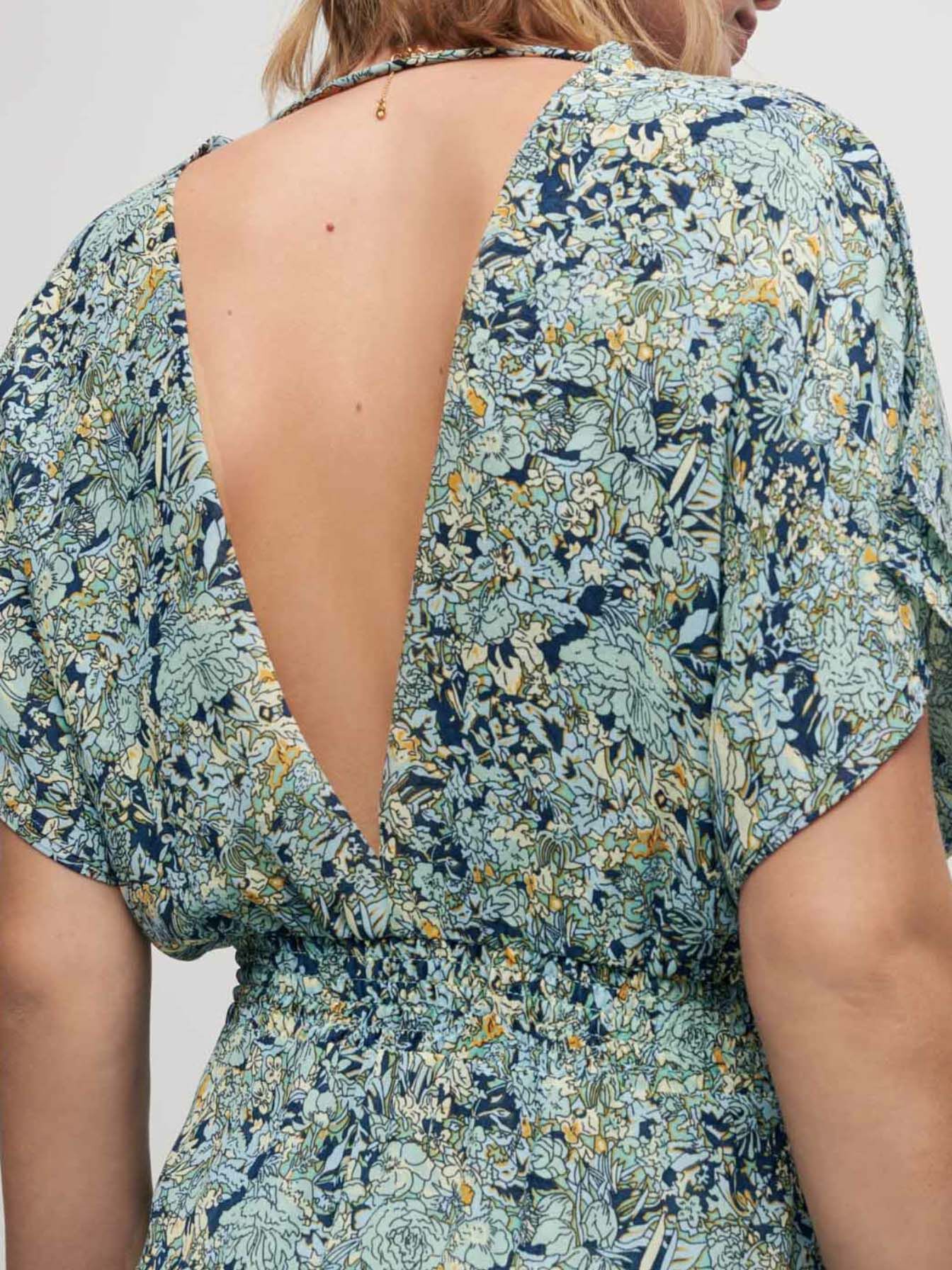 Jurk van bedrukte mousseline met zakdoekmotief - Bouquet Celadon