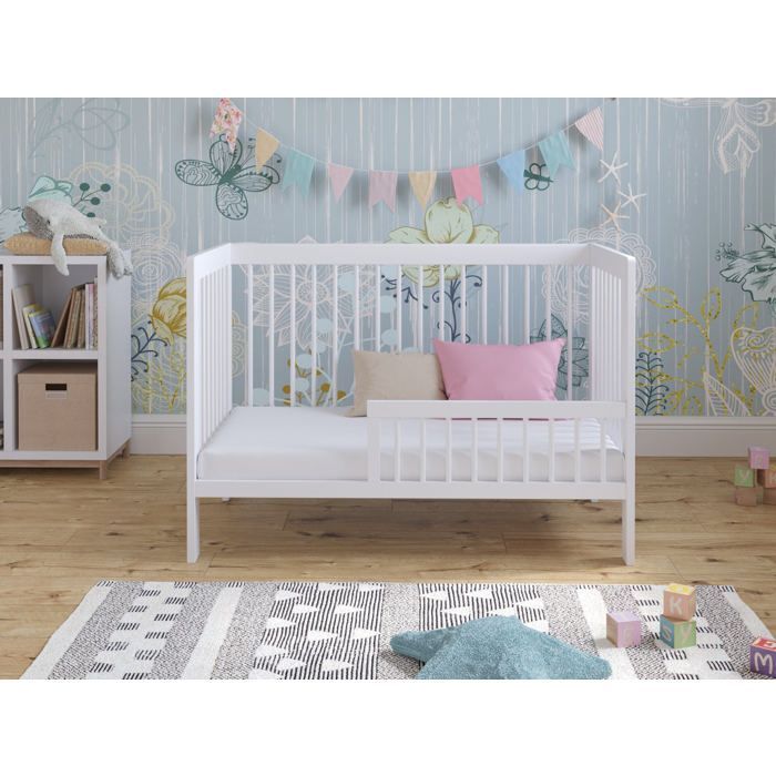 Lit Bebe Evolutif en Bois Blanc 120x60cm, Transformable en Un Canapé-lit avec Une Barrière de Sécurité
