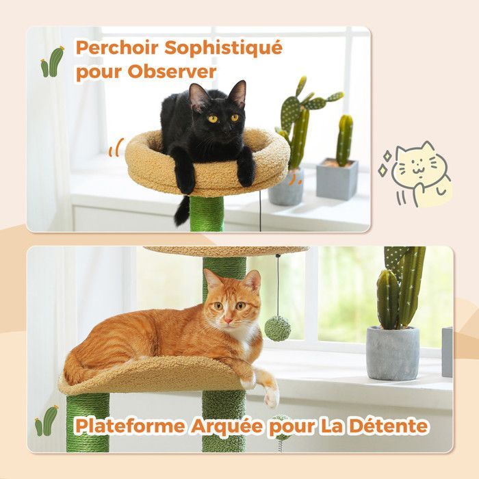 Albero per gatti PAWZ Road Cactus, con pompon in peluche, palo tiragraffi in sisal e cuscino rimovibile, 84 cm, verde.