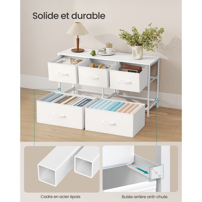 Cómoda de 5 cajones - SONGMICS - Blanco nube y blanco nieve - Versátil - Resistente - Fácil montaje