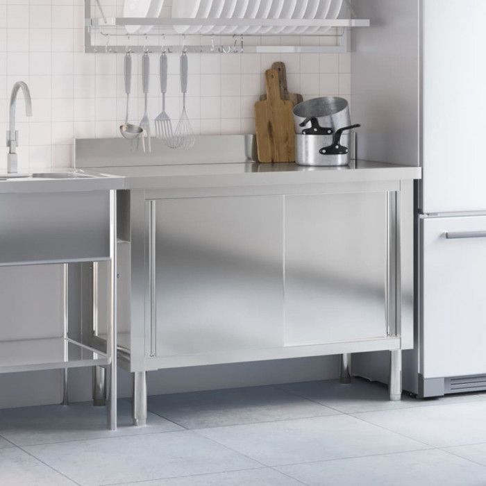 Table de travail de cuisine avec portes coulissantes inox
