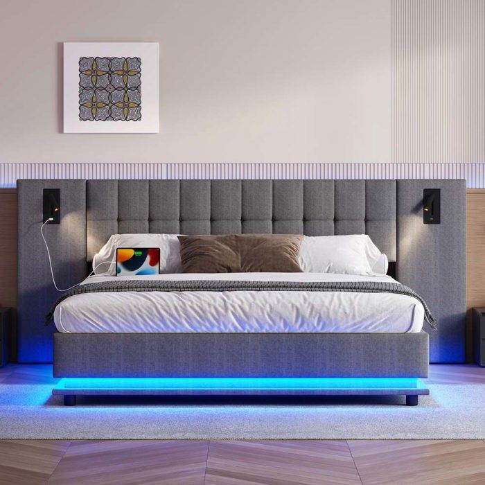 Cama de casal 180x200 cm com iluminação LED, cabeceira alta, estrado de ripas, roupa de cama, cinza.