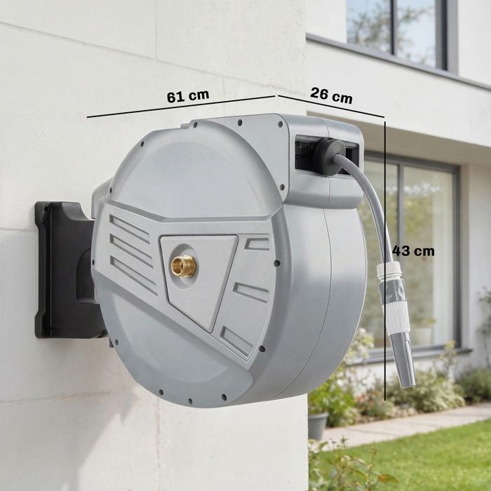 Enrollador de manguera de pared - Outsunny - 40+2 m x Ø 15 mm - Retráctil automático, giro de 180° - Plástico - Gris