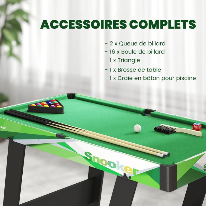 Mesa de bilhar SPORTNOW - Mesa dobrável americana compacta com acessórios, 2 tacos, 16 bolas, triângulo e giz - 104x55,5x68cm - Verde