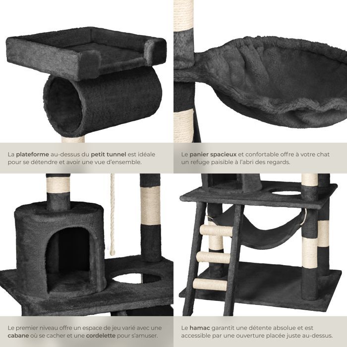 Arbre à chat - TECTAKE - Mobilier pour chat STOKELEY 141 cm de hauteur avec zones de couchage et cordelette - Noir
