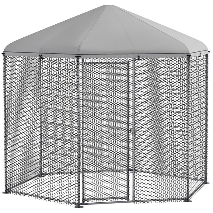 Recinto per pollaio - PawHut - voliera/canile esagonale 5 m² in rete metallica zincata - acciaio - 5-8 polli - argento