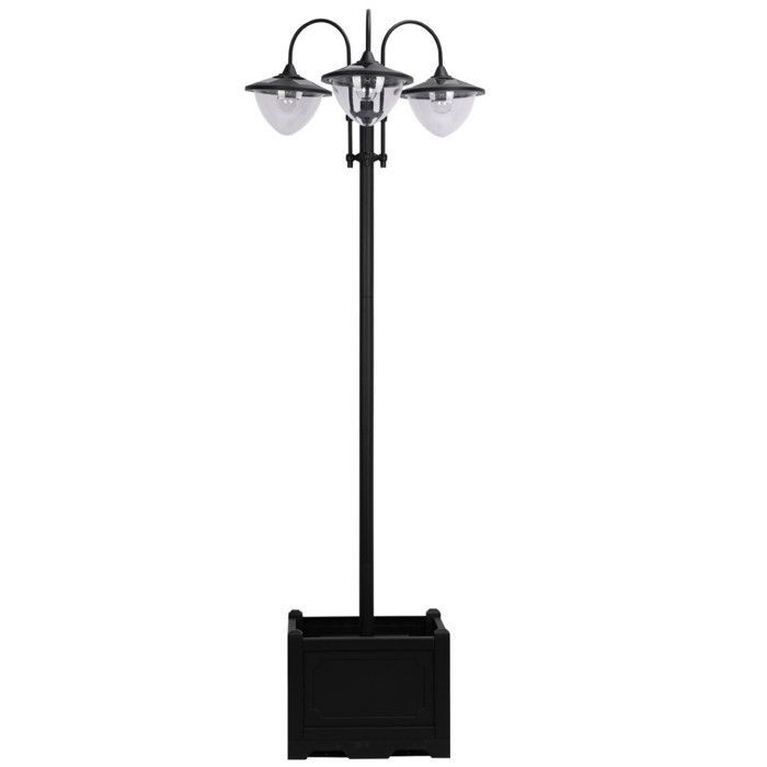 Lampada da terra solare in metallo nero IP44, lanterna da giardino 60 x 55 x 189 cm con base a vaso di fiori - Illuminazione decorativa per esterni e balconi