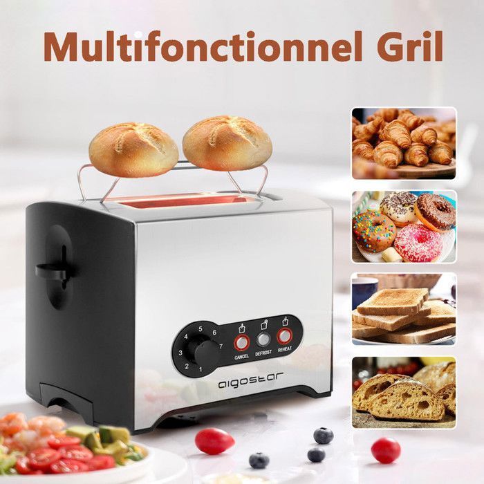 Aigostar Mini Sunshine - Tostapane con 2 fessure extra larghe e 7 livelli di doratura. Funzioni di tostatura e scongelamento, 900W, 0% BPA.