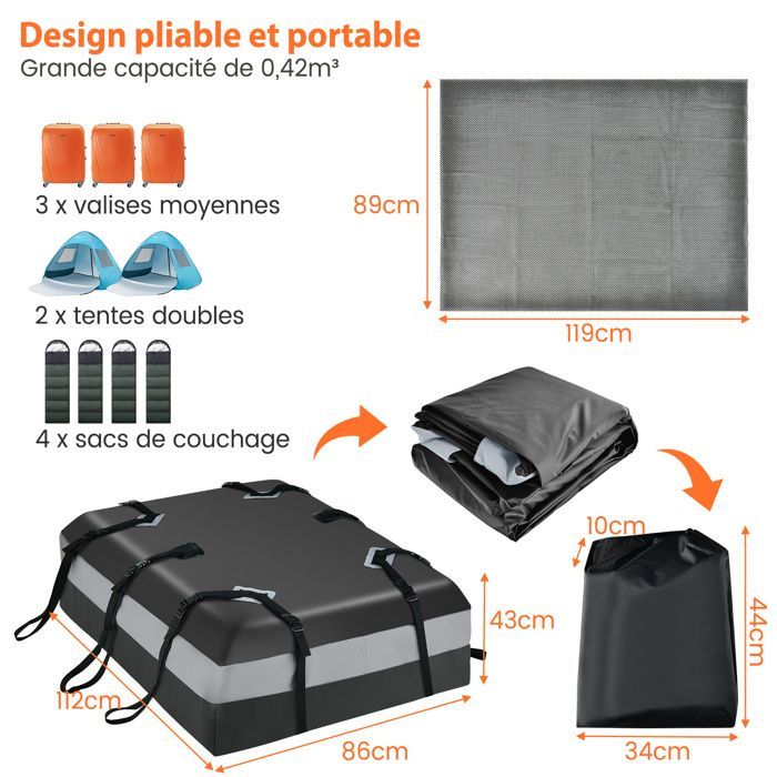 Portaequipajes para coche COSTWAY 424L impermeable con cerradura de combinación, alfombrilla antideslizante, ganchos para puerta y correas reforzadas, 112x86x43cm
