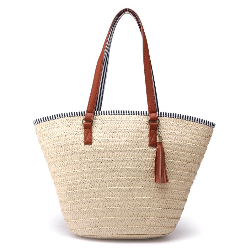 Grand sac cabas en paille tressée à pompons simples, sac bandoulière femme, sac de plage d'été, sac de voyage, sac à main
