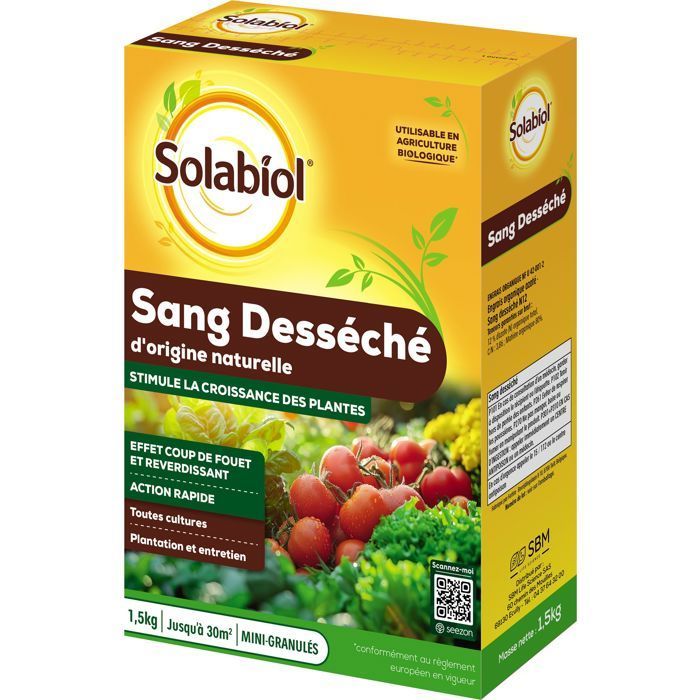 SOLABIOL Engrais sang déséché - 1,5kg - Jusqu'à 30m² - Action coup de fouet - 100% sang désséché - Effet reverdissant