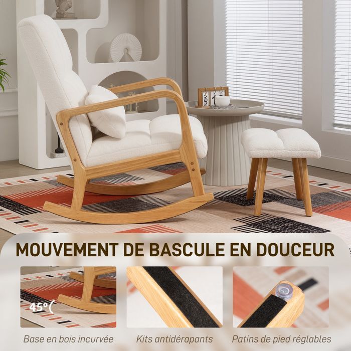 Fauteuil à bascule avec repose-pieds - HOMCOM - tissu bouclette - pieds en bois - 64,5 x 82 x 89 cm - blanc