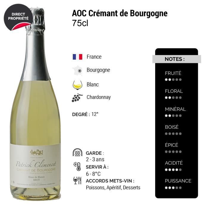Crémant de Bourgogne Brut Blanc de Blanc - Patrick Clémencet - Vin effervescent AOC Blanc de Bourgogne - Lot de 3x75cl - Cépage