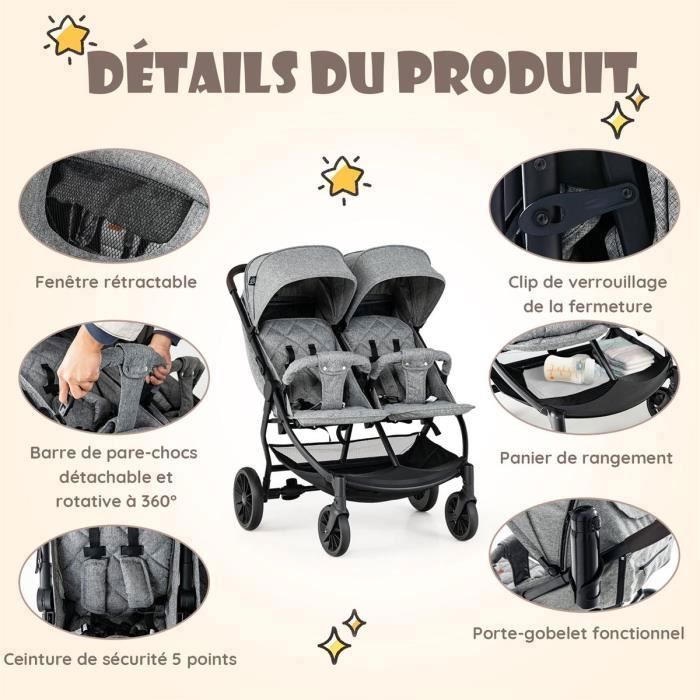 Poussette Double 0-3 Ans Pliage à un Bouton COSTWAY Côte à Côte-Dossier Réglable-Auvent à 5 Niveaux-Roues Freinées-Charge 15KG-Gris