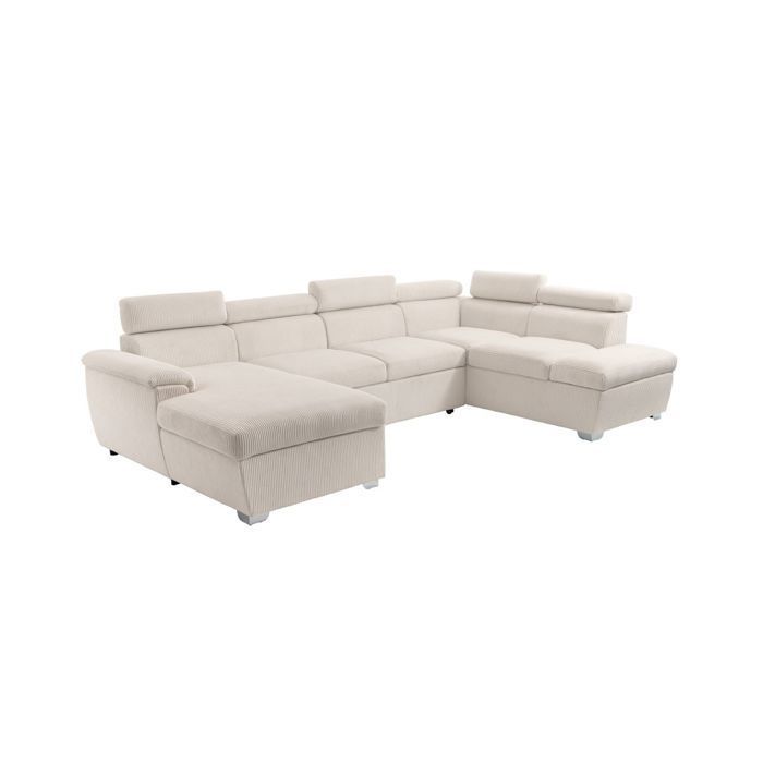 Sofá cama panorámico PAOLA de 6 plazas con 2 compartimentos de almacenamiento en pana beige.