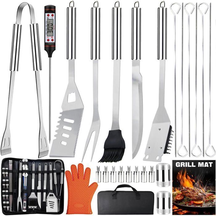 28Pcs Ustensiles Barbecue en INOX,Accessoires Barbecue Grille Professionnel Portable,Kit d'outils BBQ pour Camping et Cuisiner