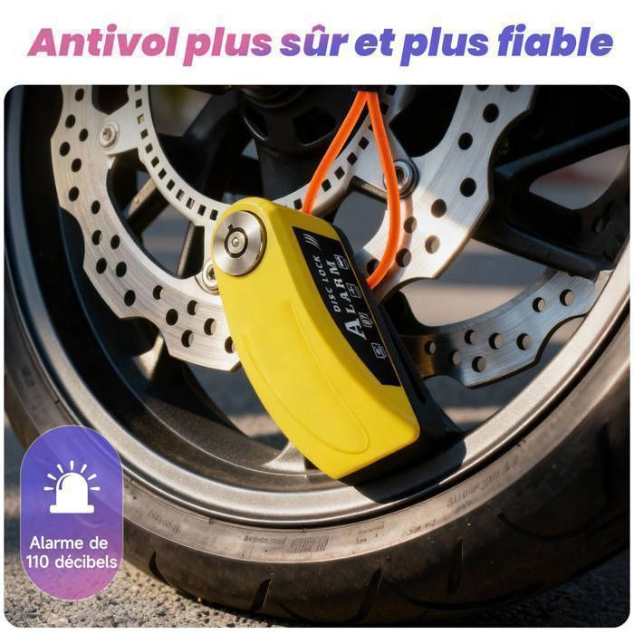 Motorcycle Disc Lock with 110dB Alarm, Reinforced, Waterproof, 1.2m Reminder Cable, 2 Security Keys, 7mm Universal for Motorcycles, Scooters, and Bicycles