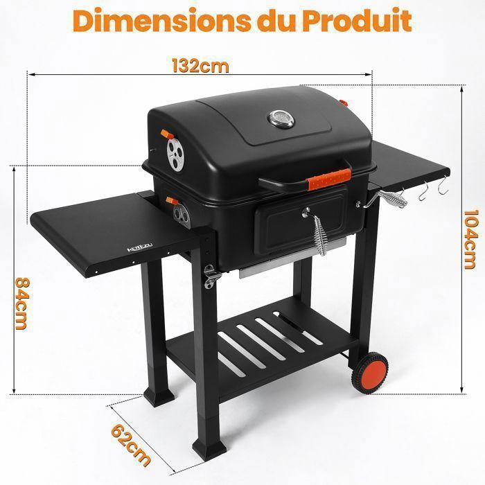 Barbecue Charbon de Bois avec Couvercle, Thermomètre, Bac à Charbon Réglable, 2 Tablettes Rabattable, Brosse de Nettoyage
