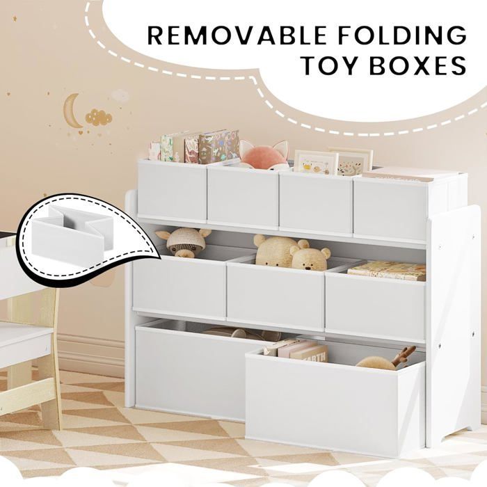 Scaffale portaoggetti per bambini, contenitore per giocattoli, 9 scatole rimovibili in tessuto non tessuto, 92x30x60/68 cm, bianco E0EG0065