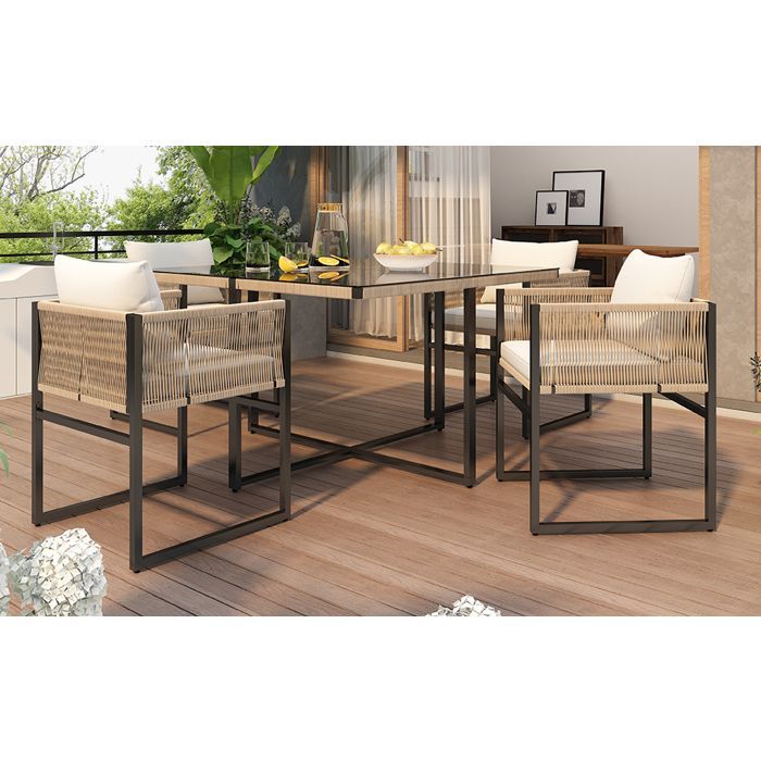 Conjunto de comedor de jardín de 5 piezas: mesa de 110x110x74 cm y sillas apilables.